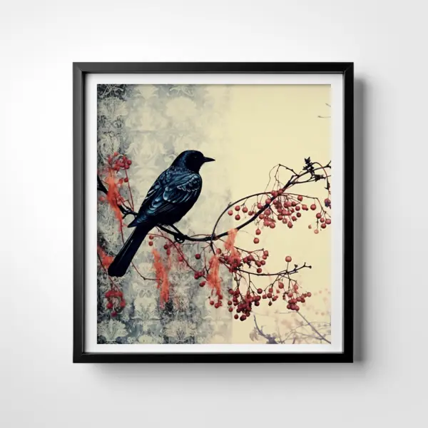 Black Bird and Red Berries